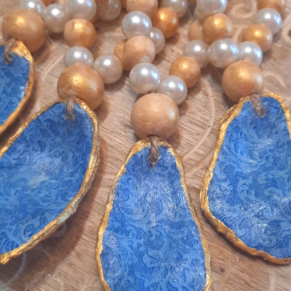 Blue & Gold Decoupage Oyster Shell Beaded Accents - Set Of 4 - Coastal Decor